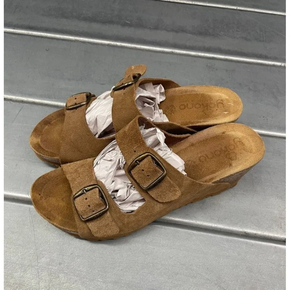 Yokono Wedge‎ Sandals Womens 9 Brown Suede Leather Cork Heel